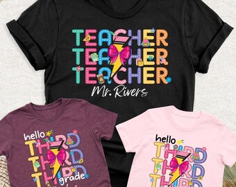 Hello Third Grade Shirt, Custom Name Teacher Student Shirts, Teacher Team Outfit, 3rd Grade Elementary School Tee, First Day Of School Shirt