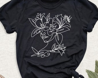 Floral Woman Face Shirt, Feminine Line Art Tshirt, Retro Positive Vibes Tee, Abstract Face Tee, Floral Line Art Tee, Birthday Women Gift Tee