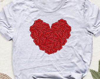 Valentines Day Red Rose Heart Shirt, Couple Love Tshirt, Red Heart Woman Outfit, Birthday Gift Tee, Mothers Day Gift Shirt, Red Rose Tshirt
