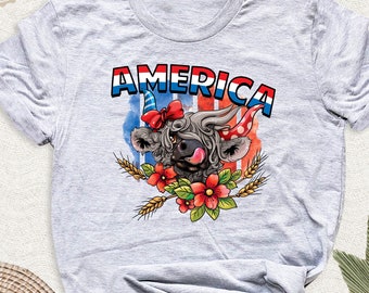 Western America Highland Patriotic Cow Shirt, 4th of July Tshirt, Freedom Tee, Independence Day Tee, Memorial Tee, USA Fourth of July Outfit