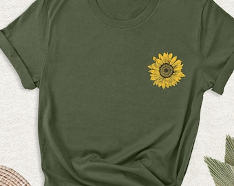 Camisa con estampado de girasoles en el bolsillo, camiseta de jardín, regalo para mujer, regalo para amantes de las flores, camisas de girasoles para mujer, regalo para amantes de la naturaleza