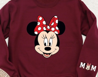 Minnie Mouse On Sleeve Mom Sweatshirt, Bow Minnie Mouse Sweatshirt, Disneyland Trip Hoodie, Disney Mom Shirt, Disney Mama Long Sleeve Shirt