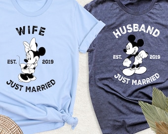 Disney Just Married Shirt, Disney Anniversary Tshirt, Personalized Honeymoon Outfit, Mickey and Minnie Couple Tshirt, Disney Bride Groom Tee