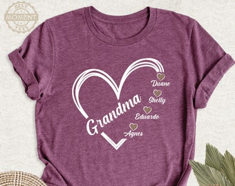 Grandma Kids Name Custom Heart Shirt, Grandchildren Name Nana Tshirt, New Grandma Custom Name Outfit, Mothers Day Tee, Personalized Gigi Tee