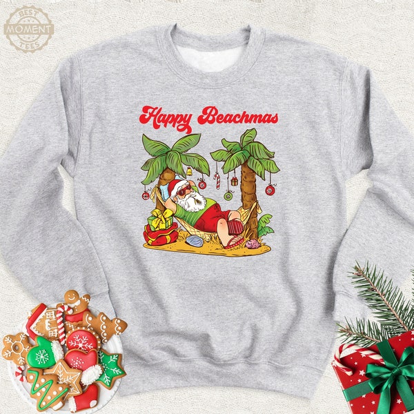Christmas Happy Beachmas Sweatshirt, Santa Claus Tropical Hammock Long Sleeve Shirt, Funny Beach Christmas Family Tee, Xmas Palm Tree Hoodie