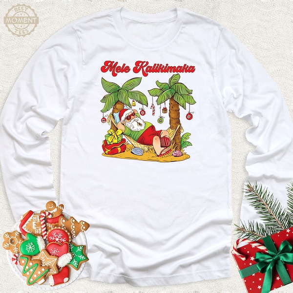 Santa Claus Summer Holiday Hammock Long Sleeve Shirt, Funny Hawaii Beach Christmas Sweatshirt, Xmas Palm Tree Outfit, Mele Kalikimaka Hoodie