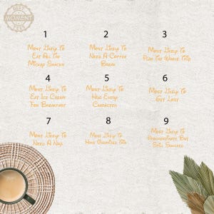 May include: A beige background with text that reads "Best Moment Tees." The image features nine statements in a handwritten font, such as "Most Likely To Eat All The Mickey Snacks" and "Most Likely To Need A Coffee Break."