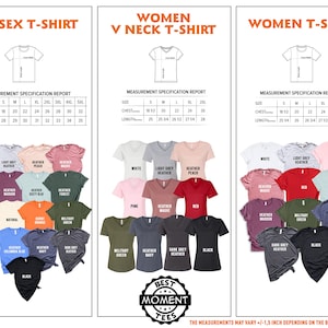Puede incluir: Tabla de colores para camisetas unisex, de cuello en V para mujer y de mujer. Incluye tablas de tallas con medidas de pecho y largo en pulgadas. Presenta una variedad de colores de camisa, incluyendo blanco, negro y varios tonos de gris, rosa y azul.