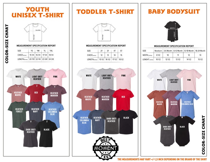 K&ouml;nnte beinhalten: Farbtabelle f&uuml;r Unisex-T-Shirts f&uuml;r Jugendliche, T-Shirts f&uuml;r Kleinkinder und Baby-Bodysuits. Enth&auml;lt Gr&ouml;&szlig;entabellen mit Brust- und L&auml;ngenma&szlig;en in cm. Bietet verschiedene Hemdfarben wie Wei&szlig;, Rosa und Heather Grey.