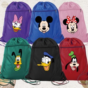 May include: Six drawstring bags with different Disney character designs. The bags are purple, blue, pink, green, black, and red. The characters are Mickey Mouse, Minnie Mouse, Donald Duck, Goofy, Pluto, and Daisy Duck.