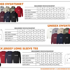 Peut inclure: Un tableau des tailles pour les sweat-shirts &agrave; capuche, les sweat-shirts unisexes et les t-shirts &agrave; manches longues unisexes. Le tableau indique les mesures pour les diff&eacute;rentes tailles, y compris la longueur du corps, la largeur de la poitrine et la longueur des manches. Le tableau indique &eacute;galement les diff&eacute;rentes couleurs disponibles pour chaque type de chemise.