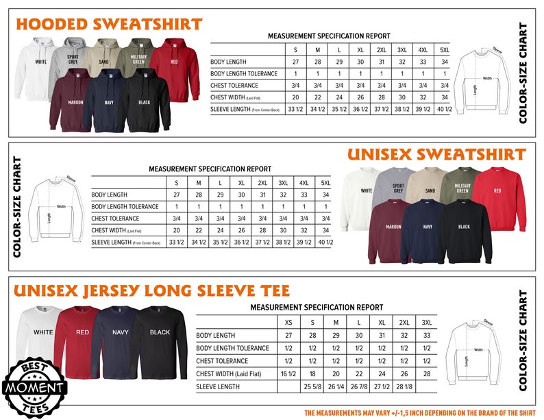 Peut inclure: Un tableau des tailles pour les sweat-shirts &agrave; capuche, les sweat-shirts unisexes et les t-shirts &agrave; manches longues unisexes. Le tableau indique les mesures pour les diff&eacute;rentes tailles, y compris la longueur du corps, la largeur de la poitrine et la longueur des manches. Le tableau indique &eacute;galement les diff&eacute;rentes couleurs disponibles pour chaque type de chemise.