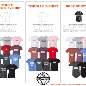 Puede incluir: Una tabla de tallas y colores para camisetas unisex para j&oacute;venes, camisetas para ni&ntilde;os peque&ntilde;os y bodies para beb&eacute;s. La tabla incluye especificaciones de tama&ntilde;o en cm y una variedad de colores de camisa.