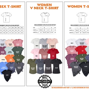Pu&ograve; includere: Una tabella colori e taglie per t-shirt unisex, scollo a V da donna e t-shirt da donna, che mostra vari colori e specifiche delle taglie. La tabella include le misure del petto e della lunghezza in pollici per le taglie XS-5XL. I colori includono bianco, nero e tonalit&agrave; melange.