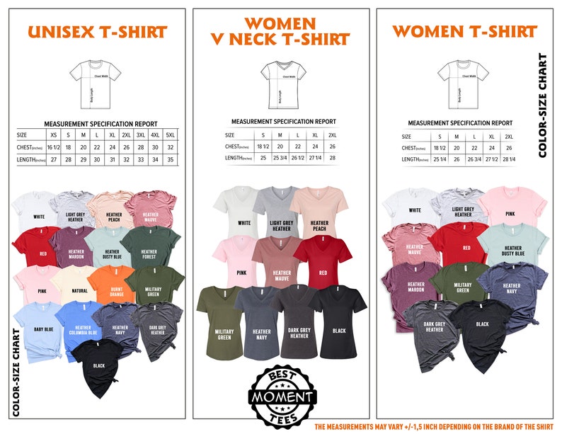 Puede incluir: Una tabla de tallas y colores para camisetas unisex, con cuello en V para mujer y para mujer. La tabla incluye medidas en pulgadas para el pecho y la longitud, y una variedad de colores como blanco, rosa y negro.