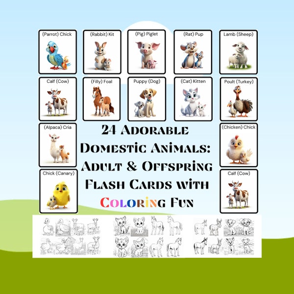 Discover Domestic Animals: Adult & Offspring Flash Cards with FREE Coloring Pages