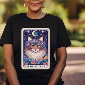 T-shirt de carte de tarot de race de chat maine coon chemise féline florale bohème chat maman t-shirt mystique étoiles de lune céleste