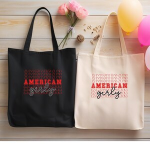 American girly 4th of July patriotic tote bag, grocery bag gym gear tote, bachelorette sorority tote bag, gift for bestie, red stacked text