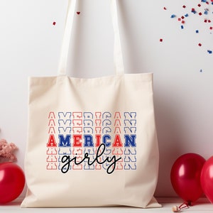 American girly 4th of July patriotic tote bag, grocery bag gym gear tote, bachelorette sorority tote bag, gift for bestie, red white blue