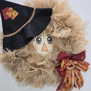 Fall scarecrow wreath with black hat, Wreath with fall bow, Autumn wreath with scarecrow face, Autum Door Decor, Fall Wreath for Front Door