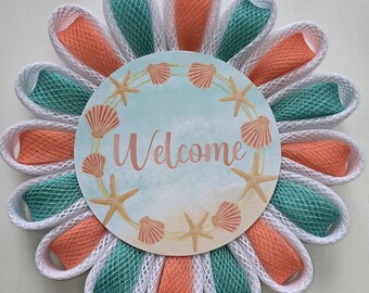 Beach Welcome Wreath, Coastal Summer Door Decor, Seashell Starfish Wreath, Thin Mesh Wreath for Front Door, Nautical Wall Hanging