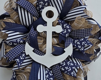 Nautical Anchor Wreath, Coastal Front Door Decor, Navy Blue Beach House Wreath, Lake House Door Hanger, Year Round Wreath