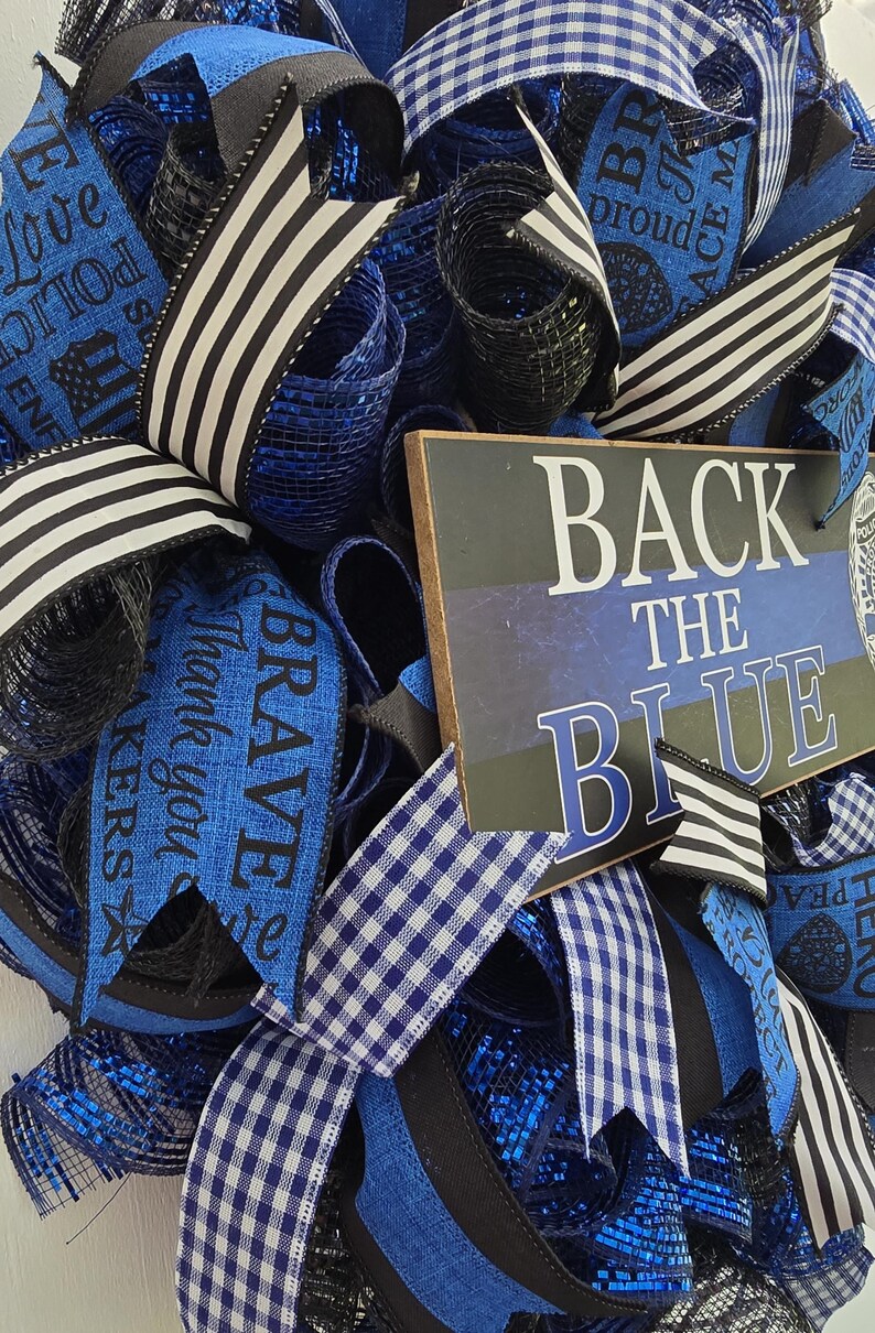 Back the Blue Wreath, Police Support Door Decor, Thin Blue Line Mesh ...