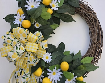 Lemon Wreath for Front Door, Summer Wreath, Spring Decor, Daisy Wreath, Farmhouse Kitchen Decor, Year Round Everyday