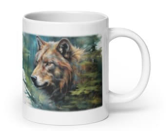 White Glossy Mug with Wolf Image