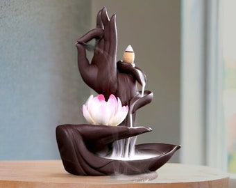 Buddha Hands Incense Burner Lotus Flower Incense Cone Burner Home Decor Incense Holder Waterfall Incense Burner Backflow Aromatherapy