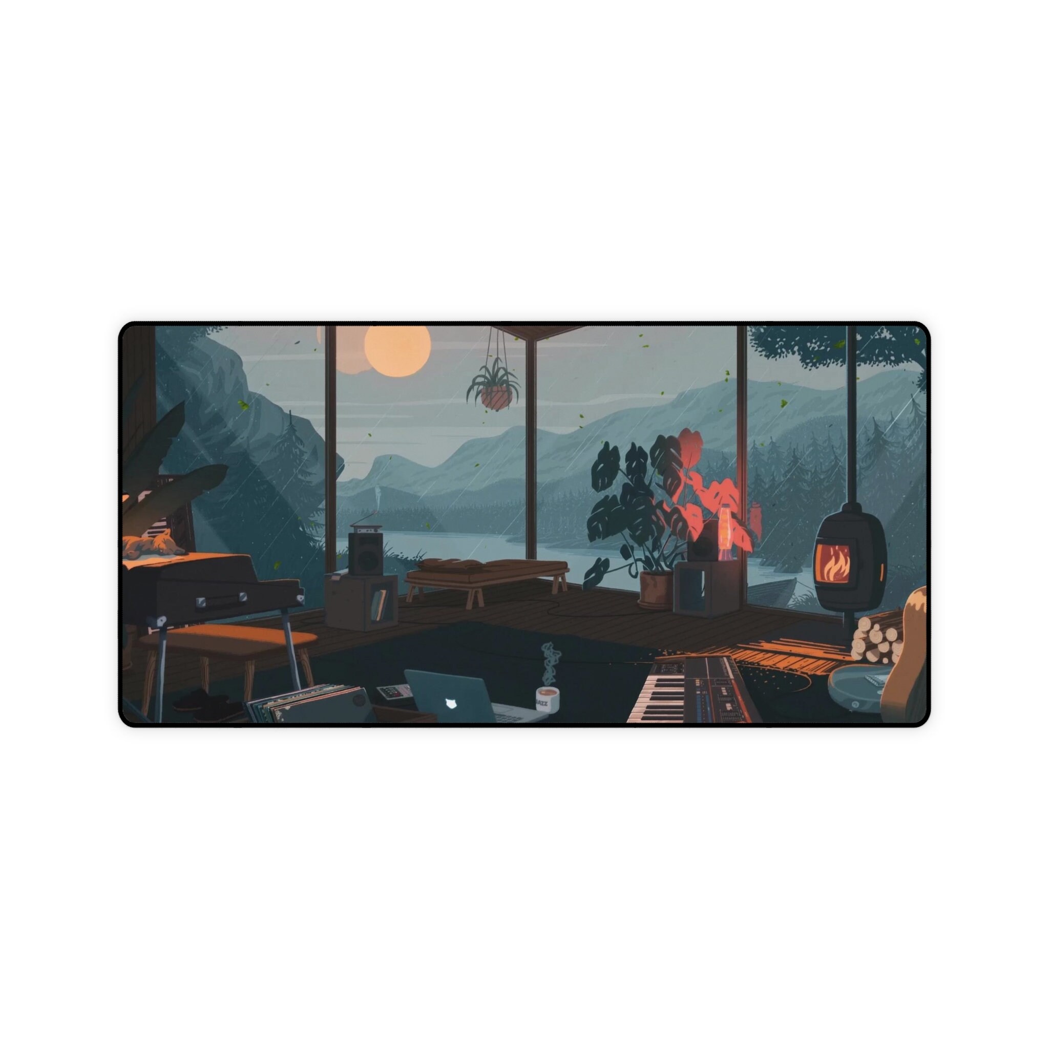 Aesthetic Lofi With Cat, Fireplace, Mountains, Lofi Desk Mat XL ...
