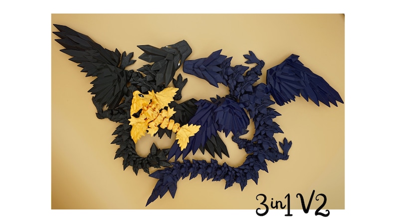 3 in 1 Drachenset goldener, schwarzer & dunkelblauer Drache, beweglich Bild 4