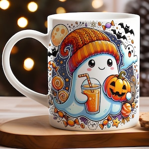 Halloween Spooky Ghost koffiemok wrap sublimatieontwerp 11oz en 15oz, Halloween-sublimatieontwerp, pompoenmoksjabloon voor sublimatie