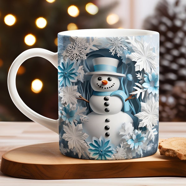 3D sneeuwpop mok wrap kerstbundel mok wrap sublimatie ontwerpen PNG, 11oz en 15oz mok sjabloon, 3D kerst mok wrap