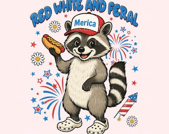 Rot, weiß und wild Png, 4. Juli Png, lustiges lustiges Waschbär-Shirt, wilde USA Png, Kinder Amerika-Shirt Design Png, Unabhängigkeitstag