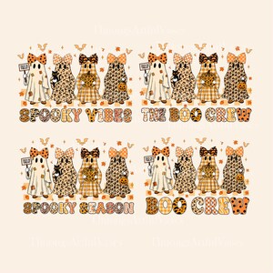 以下が含まれることがあります： 蝶ネクタイをした幽霊のキャラクターがカボチャと黒猫を持っているハロウィーンをテーマにしたデザイン。「Spooky Vibes」、「The Boo Crew」、「Spooky Season」および「Boo Crew」というテキストがオレンジと茶色で表示されています。