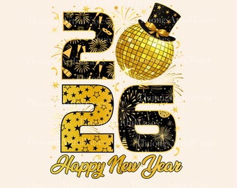 Frohes Neues Jahr 2026 PNG, Schwarz und Gold Disco Ball PNG, Hallo 2026 Png, Neue Anfänge 2026 Png, Trendy Silvester, digitaler Download