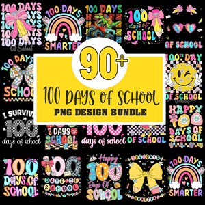 以下が含まれることがあります： 「100 Days of School」のテキストが入った、カラフルなPNGデザインのコレクション。虹、リボン、恐竜、スマイリーフェイスなどのデザイン。黒い背景です。
