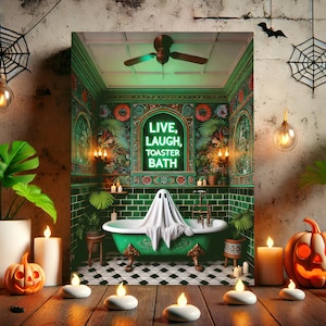 Live, Laugh, Toaster Bath, Tropical Gothic Bathroom Wall Art Print, Funny Ghost Print, Maximalist Decor, Halloween Decor Sublimation Design