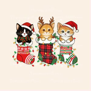 May include: Three cartoon kittens in Christmas stockings. One black and white kitten wears a Santa hat and a green and red scarf. The other two kittens are orange and wear a reindeer antler headband and a Santa hat. Each stocking is decorated with Christmas lights.