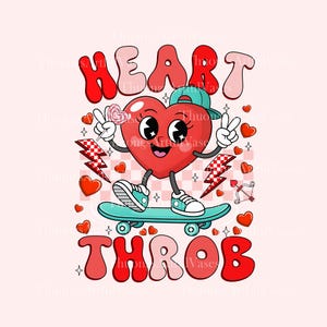 Op de afbeelding: Een cartoon hart karakter op een skateboard, met een pet achterstevoren en sneakers, met een lolly en het vredesteken. De afbeelding bevat de woorden "HEART THROB" in een retro lettertype, met bliksemschichten en harten.