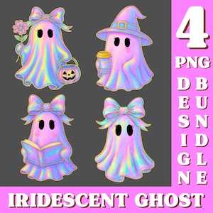 May include: Four iridescent ghost designs in a variety of poses. One ghost holds a flower and a jack-o'-lantern bucket, another wears a witch hat and holds a coffee cup, a third reads a book, and the last has a bow. Text reads "IRIDESCENT GHOST".
