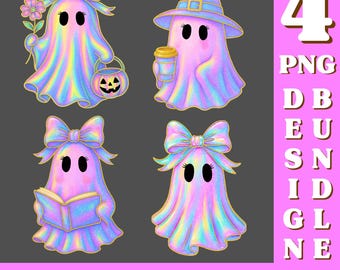 4 虹色に輝くゴースト PNG バンドル、レトロなハロウィンネオンゴースト PNG、トレンディなネオンスポーキーバイブス PNG、ガーリーハロウィン PNG、虹色に輝くゴーストゴースト PNG
