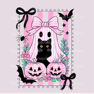 May include: A whimsical Halloween-themed illustration featuring a black cat peering out from under a ghost wearing a pink bow. Pink pumpkins, flowers, bats, and a spider surround the ghost. The background has pink and white stripes.