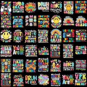 May include: A set of 24 colourful graphic designs featuring text and illustrations related to school, grades, and back to school. The designs are on a black background and feature a variety of colours, including pink, blue, green, yellow, and red.