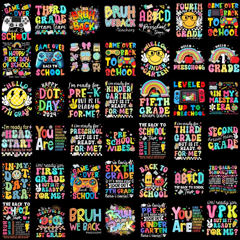 May include: A set of 24 colourful graphic designs featuring text and illustrations related to school, grades, and back to school. The designs are on a black background and feature a variety of colours, including pink, blue, green, yellow, and red.