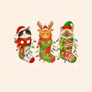 May include: Three cartoon cats in Christmas stockings, each wearing festive attire. One cat wears a Santa hat, another reindeer antlers, and the third an elf hat. All are wrapped in colorful Christmas lights, with a cream background.