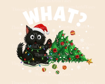 What Cat PNG, Black Cat Santa Hat Png, Funny Christmas Cat Png, Cat Lovers Shirt, Christmas Lights, Merry Christmas Tee, Digital Download