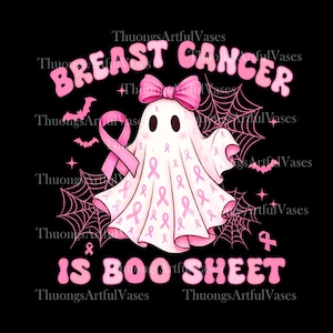 Puede incluir: Ilustración digital sobre fondo negro con un fantasma blanco con lazo y cinta rosa, y lazos rosas de concienciación sobre el cáncer de mama. El texto dice "BREAST CANCER IS BOO SHEET" en rosa, con murciélagos y telarañas.