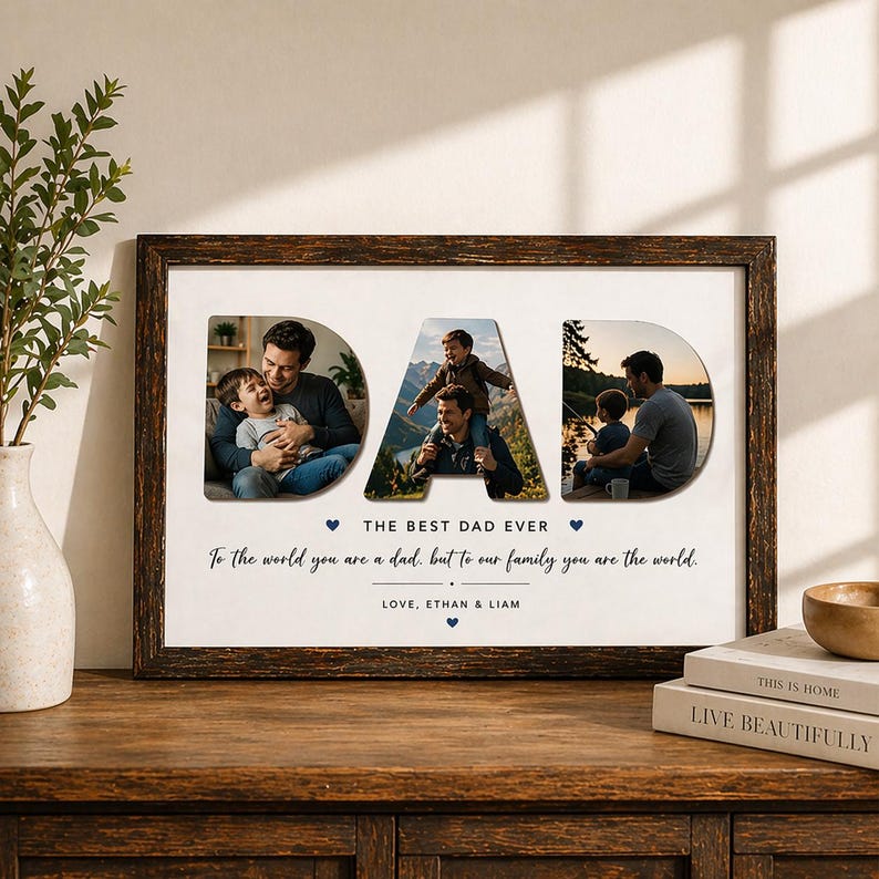 May include: A framed photo collage with the word "DAD" cut out to reveal three family photos. The text reads "THE BEST DAD EVER" and "To the world you are a dad, but to our family you are the world." The frame is dark brown.